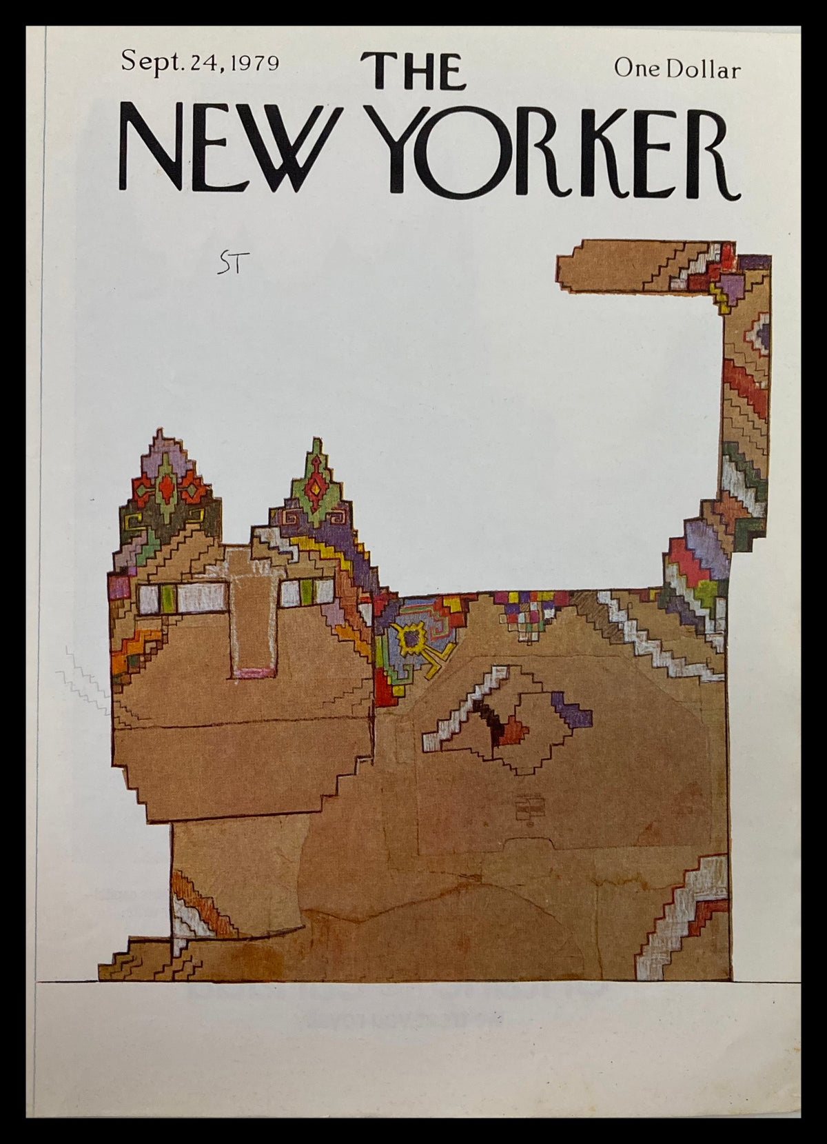 COVER ONLY The New Yorker September 24 1979 featuring Box Cat illustration by Saul Steinberg, showcasing a whimsical cat design with intricate patterns and colors on a tan background.