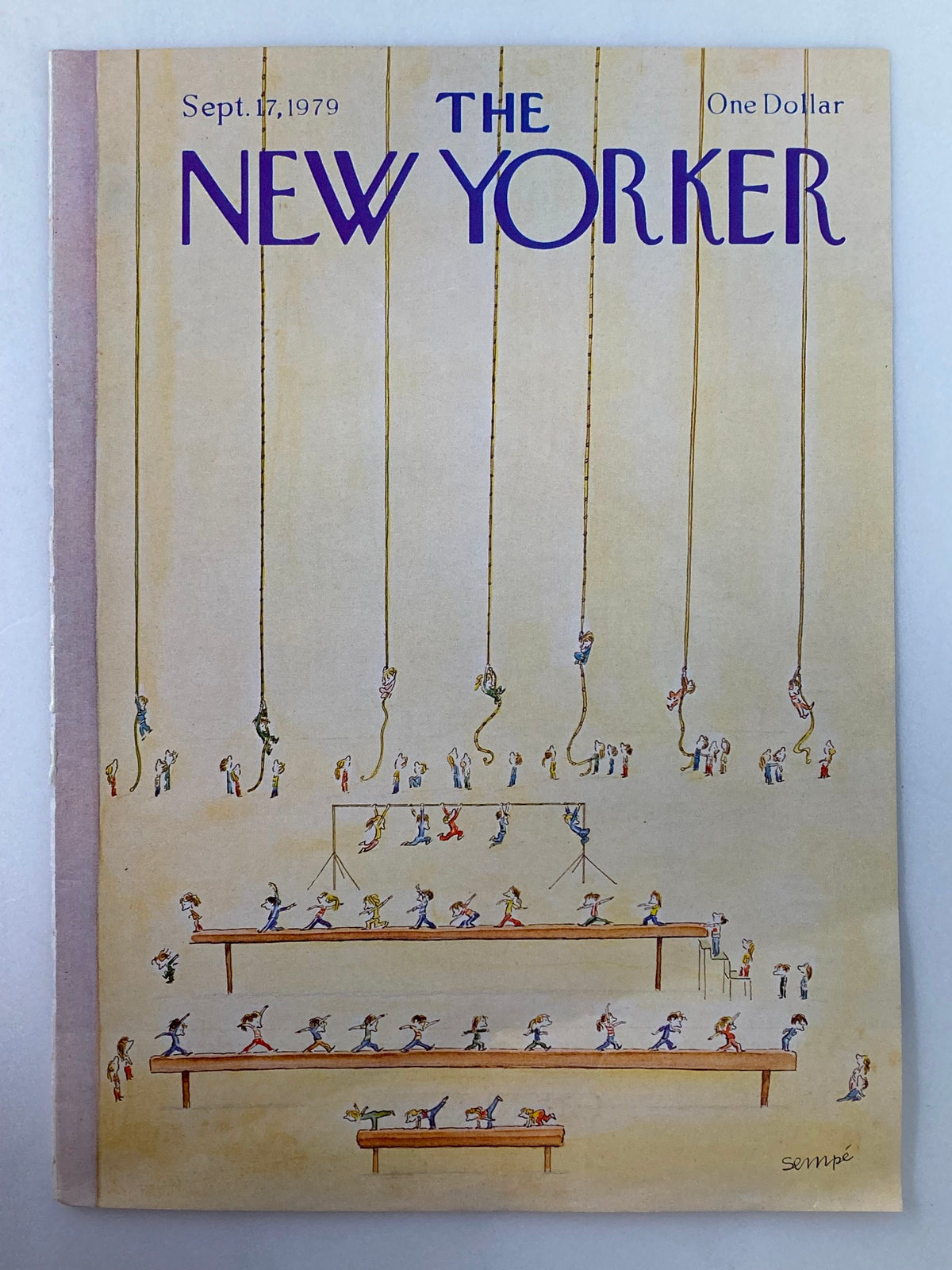 The New Yorker September 17 1979 cover by J. J. Sempé, showcasing playful illustrations of fitness activities, highlighting various characters engaged in gymnastic exercises.