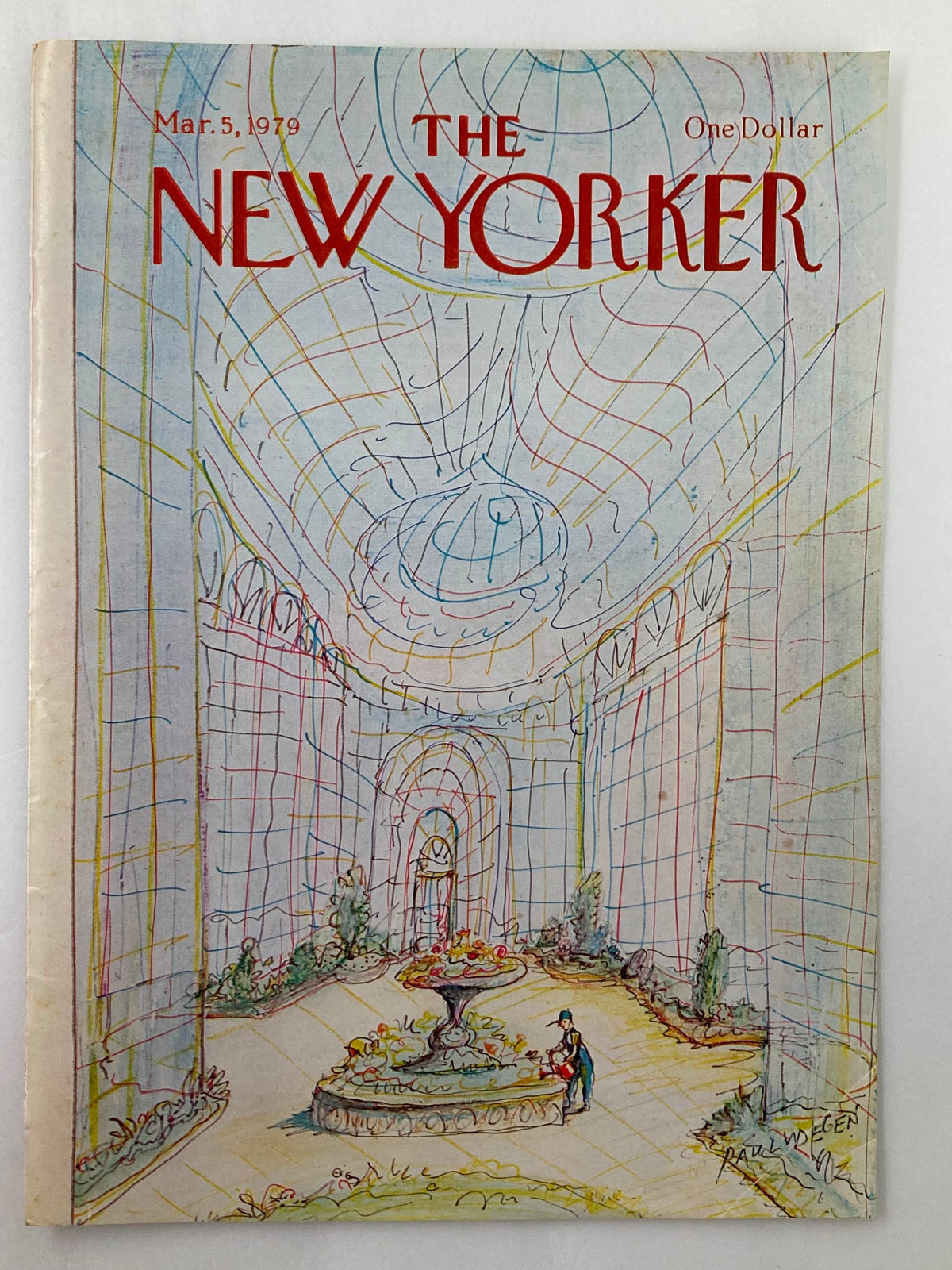COVER ONLY The New Yorker March 5 1979 Indoor Garden by Paul Degen, showcasing a colorful depiction of a serene indoor garden with lush plants and an elegant fountain, ideal for collectors of vintage magazine art.