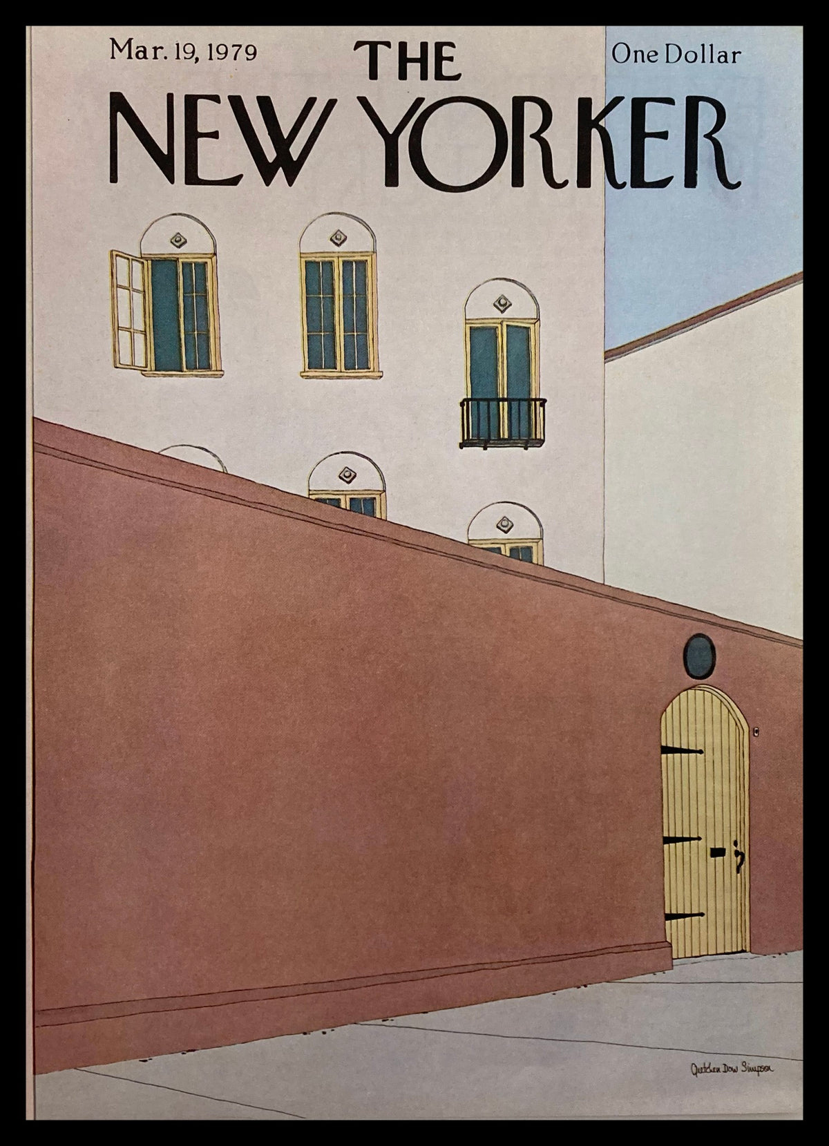 Cover only of The New Yorker from March 19, 1979, illustrated by Gretchen D. Simpson featuring a minimalistic scene with a high wall and windows, ideal for art and magazine collectors.