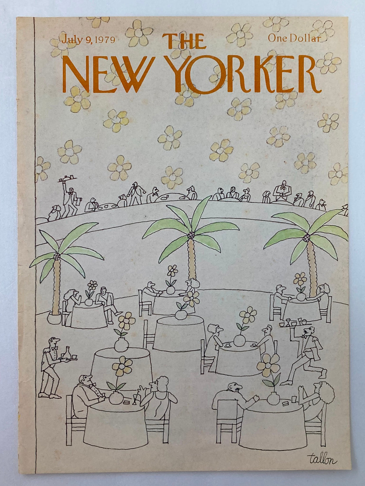 The New Yorker July 9 1979 cover featuring a whimsical depiction of fine dining at open-air tables, completed by artist Robert Tallon.