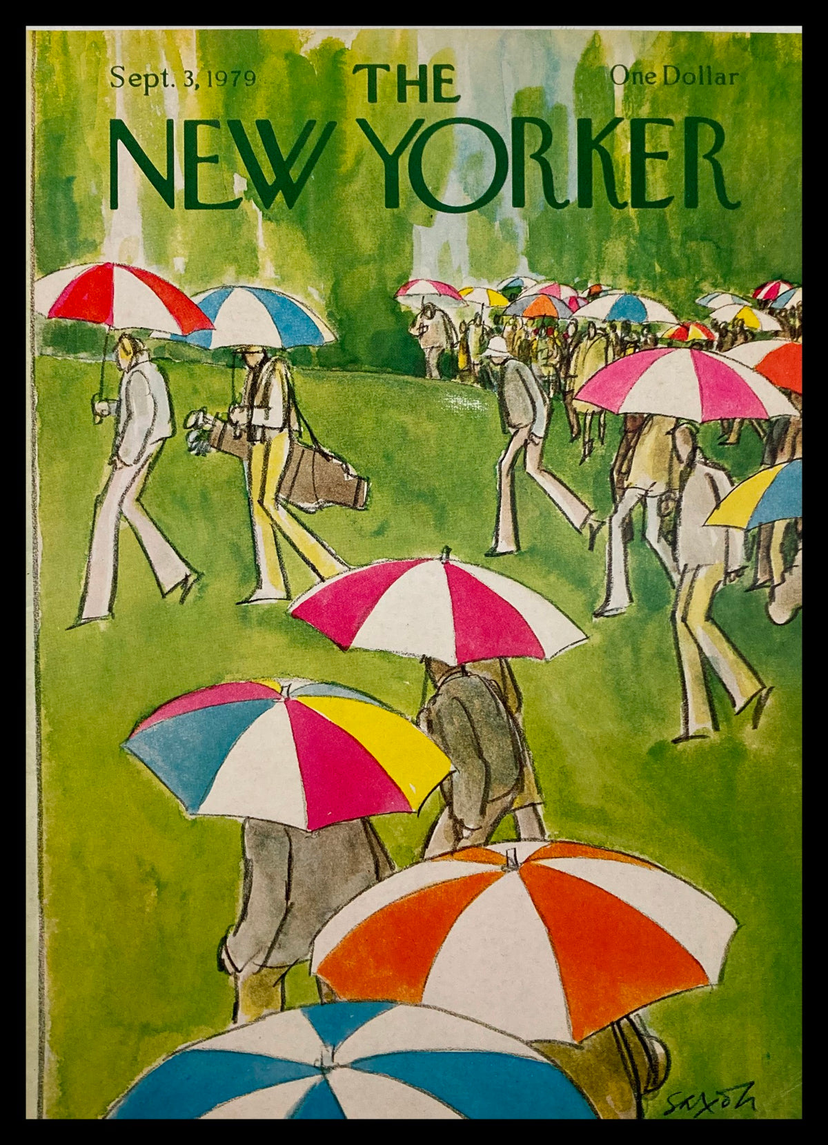 Cover art of The New Yorker magazine dated September 3, 1979, designed by Charles Saxon, featuring colorful umbrellas and people walking in a lush green setting.