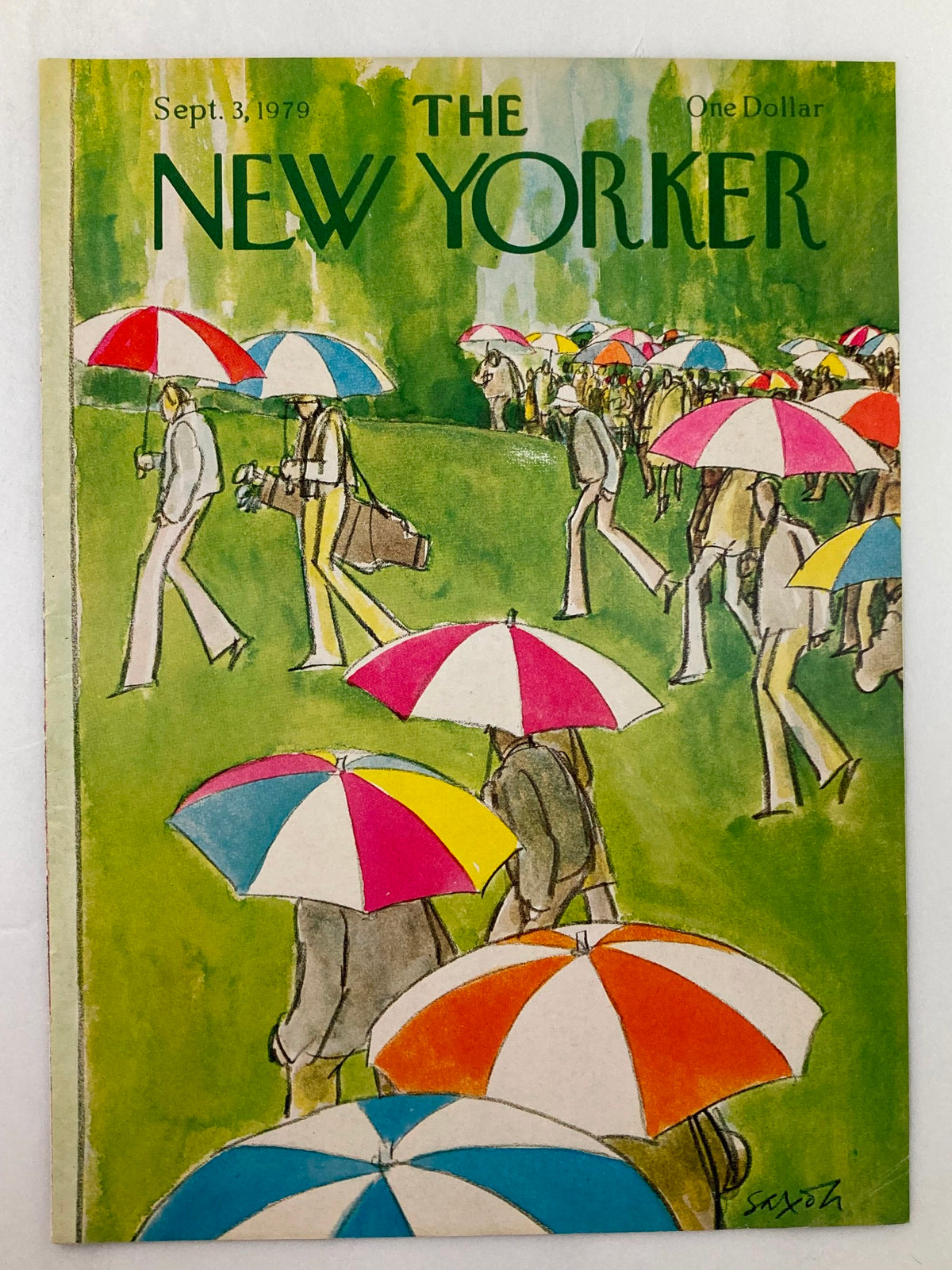 The New Yorker magazine cover from September 3, 1979, by Charles Saxon, showcasing a vibrant illustration of people under colorful umbrellas, ideal for art collectors.