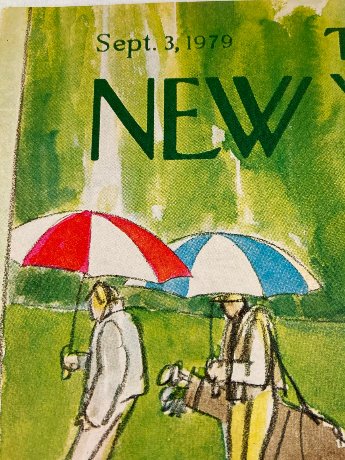 Detailed view of the September 3, 1979 cover of The New Yorker, illustrated by Charles Saxon, highlighting two figures with umbrellas amidst a green background.