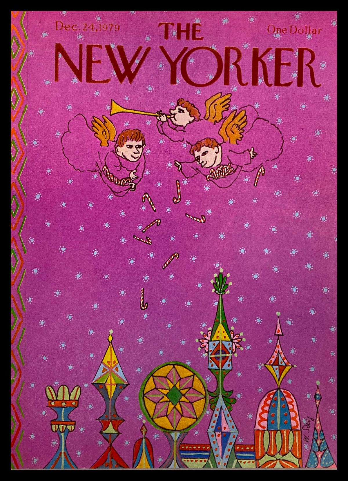 The New Yorker December 24 1979 Candy Cane Cover, depicting whimsical angels with candy canes over a vibrant pink background, designed by William Steig.
