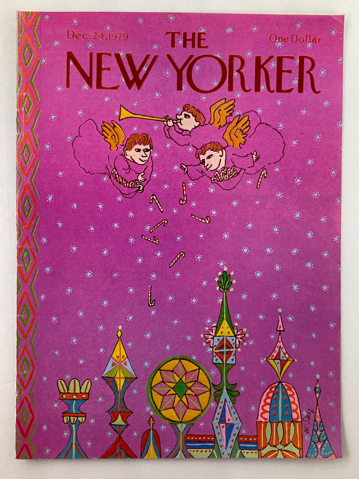 The New Yorker December 24 1979 Candy Cane Cover, featuring colorful angels and festive decorations, illustrated by William Steig.
