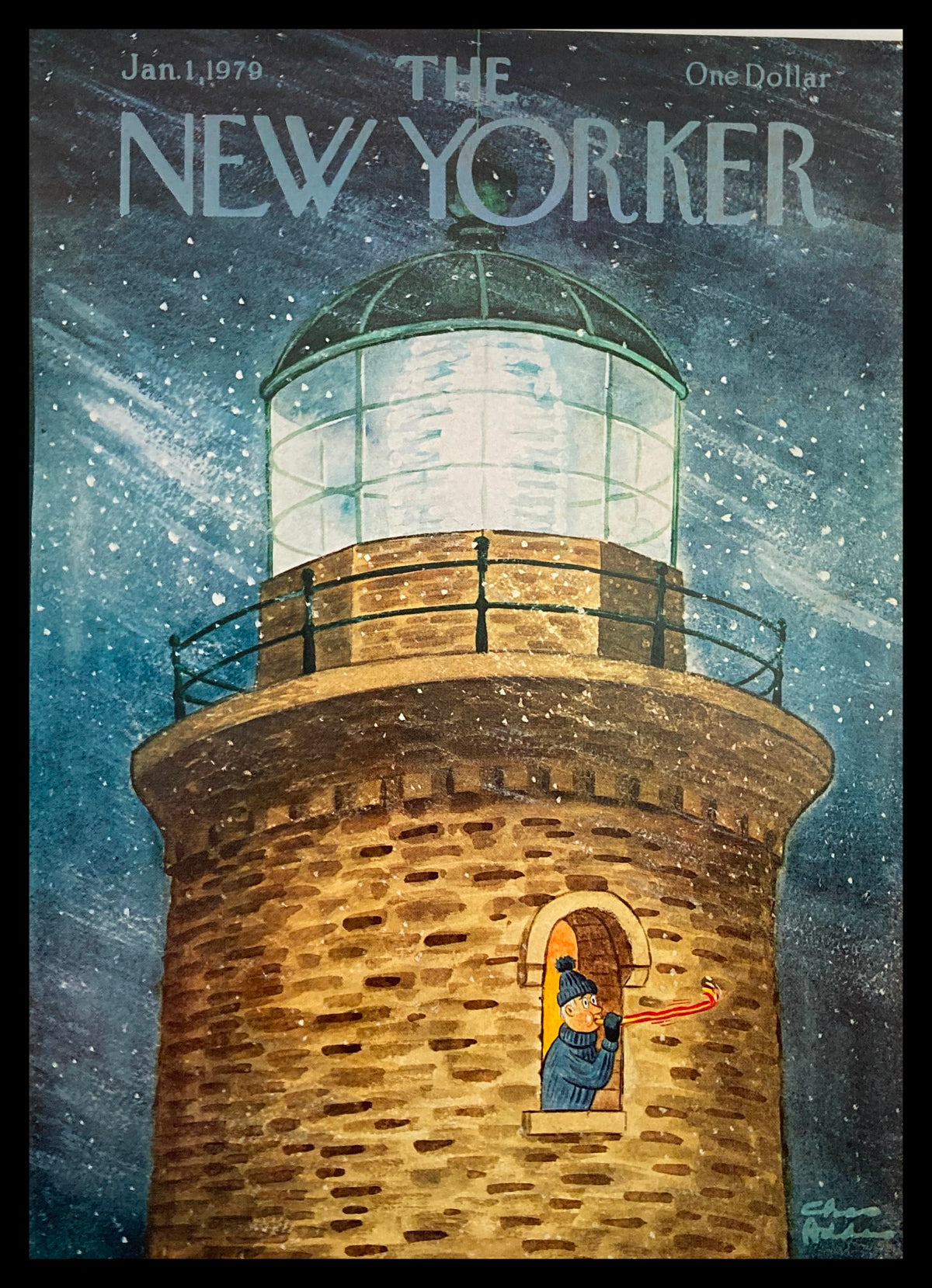 Cover of The New Yorker magazine from January 1, 1979, featuring a lighthouse scene with a character in a blue sweater holding a flare amid a snowy night sky, illustrated by Chas Addams.