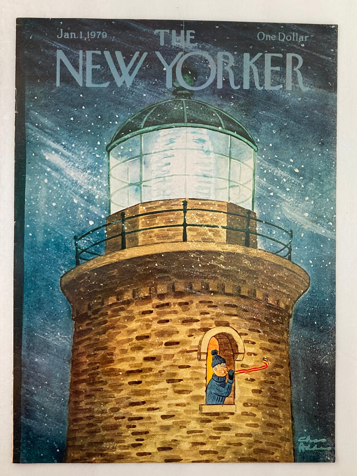 Cover of The New Yorker January 1, 1979 featuring a lighthouse scene with a man signaling during a snowstorm, created by Chas Addams, perfect for collectors and vintage magazine enthusiasts.