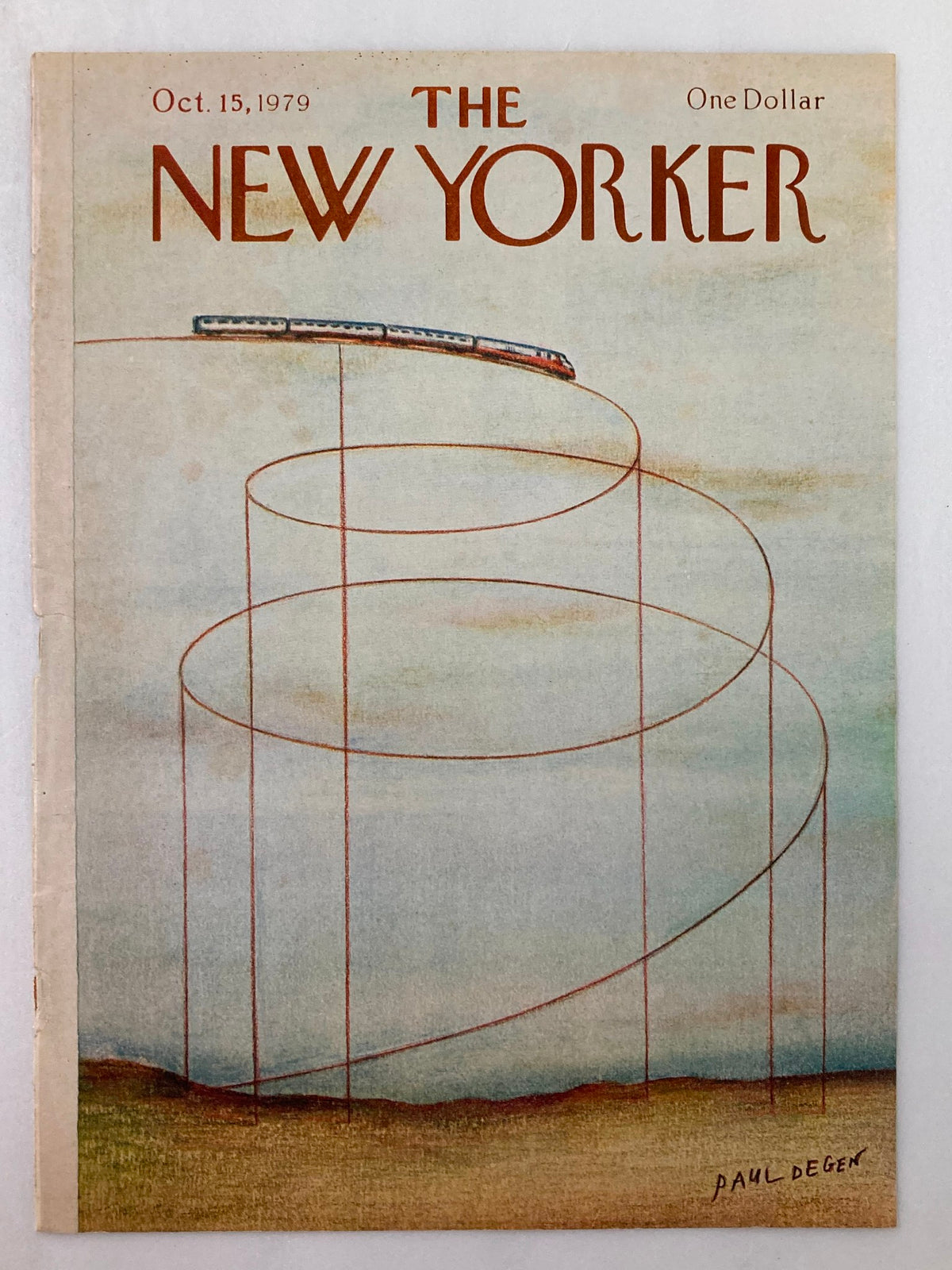 The New Yorker magazine cover for October 15, 1979, showcasing a bullet train illustration by Paul Degen with a minimalist design and muted colors.