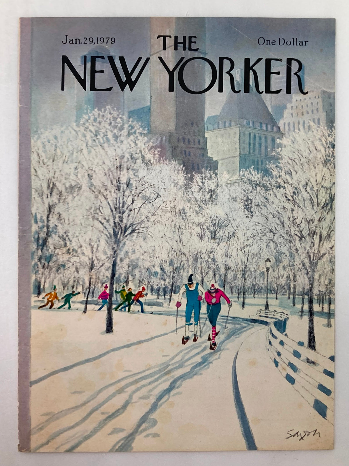 COVER ONLY The New Yorker January 29 1979 displaying an ice skating illustration by Charles Saxon, depicting skaters enjoying a winter day surrounded by snow-covered landscapes and urban architecture.