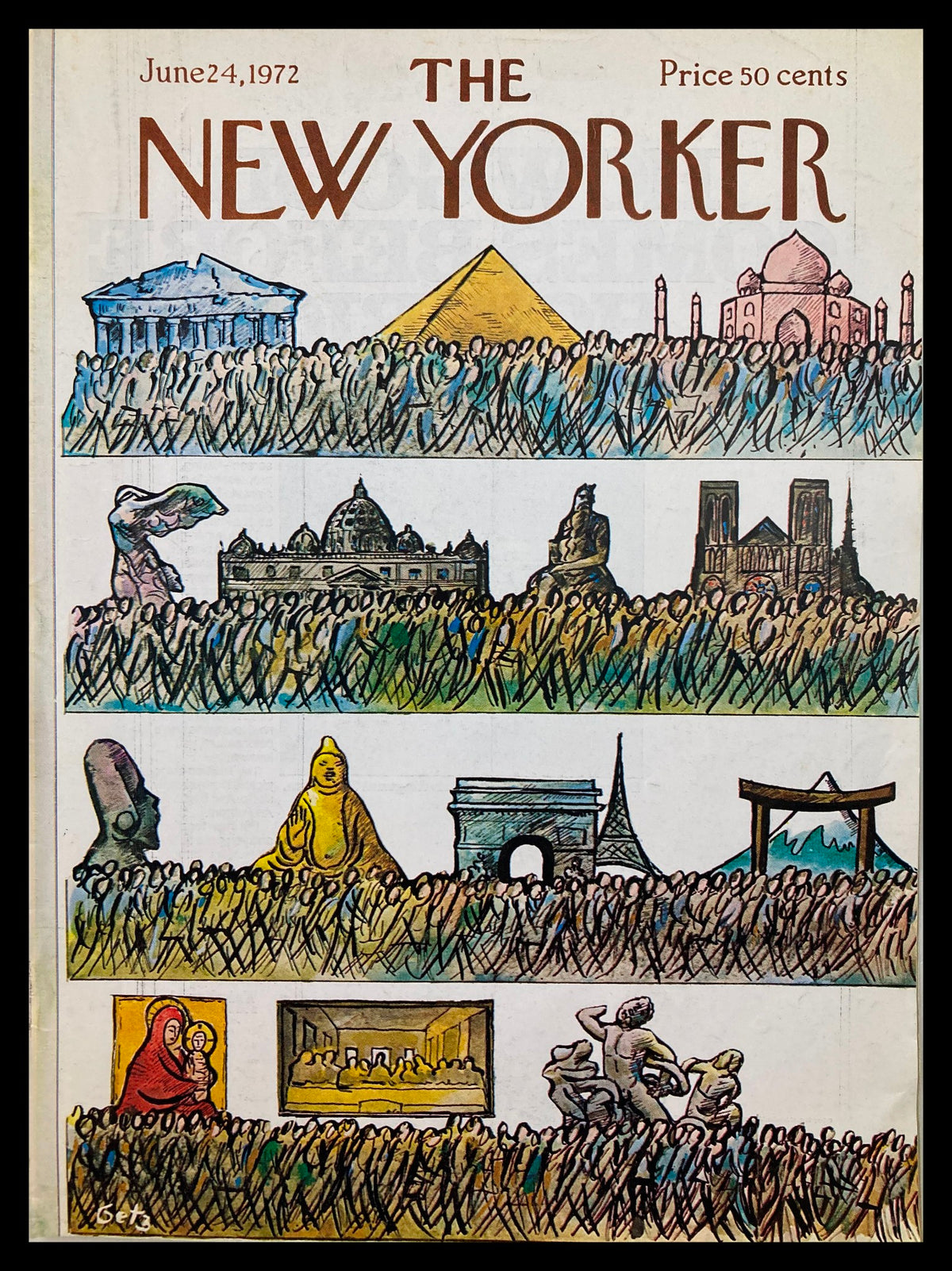 The New Yorker June 1972 cover titled 'Ancient People' featuring an illustration by Arthur Getz, displaying famous monuments and historical figures in a crowd scene.