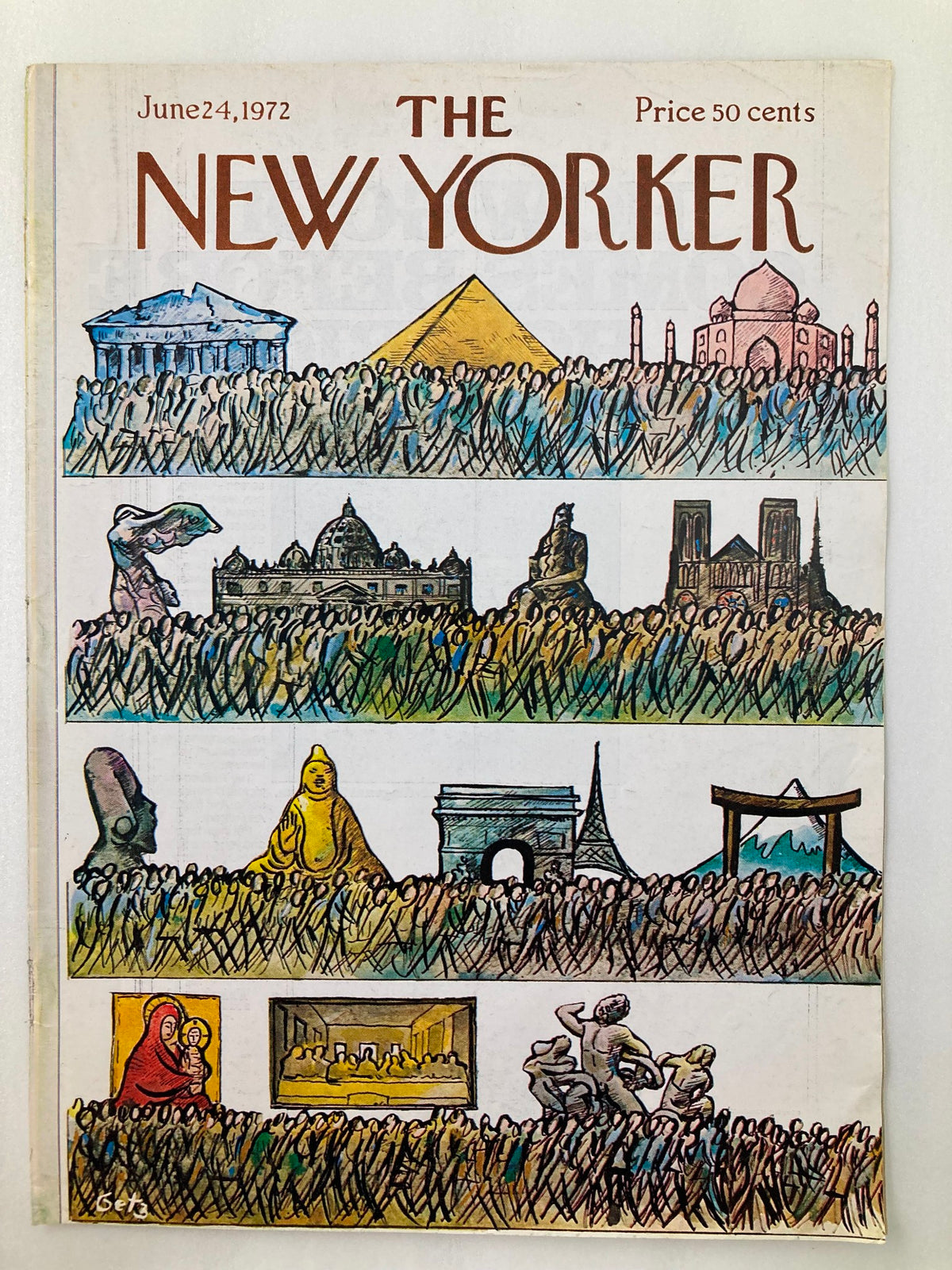 The New Yorker June 1972 cover titled 'Ancient People' showcasing Arthur Getz's artistic depiction of iconic historical landmarks and a diverse crowd.