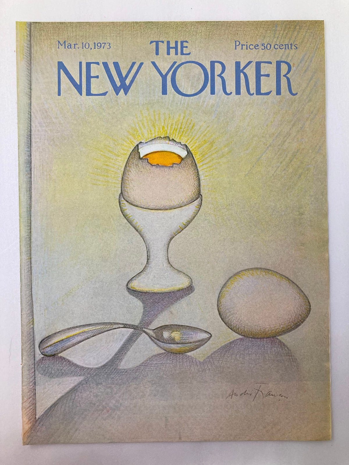 The New Yorker Cover March 10 1973, showcasing the iconic 'Holy Egg' illustration by André François, with a focus on an egg cup, spoon, and whole egg.