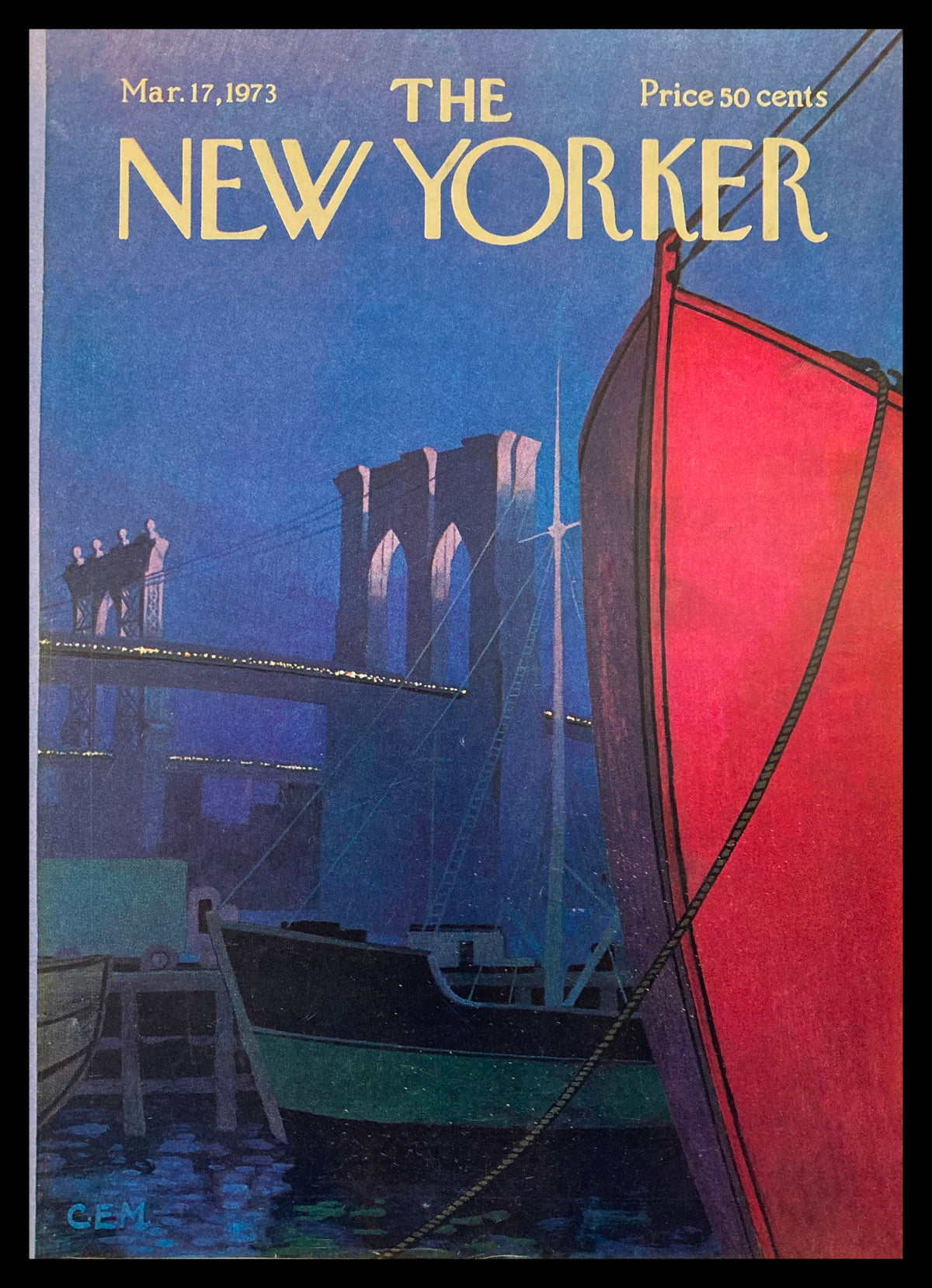 Cover of The New Yorker dated March 17, 1973, featuring a striking red ship against a blue and purple background, designed by Charles E. Martin. This vintage magazine cover showcases artistic elements that reflect the style of the era.