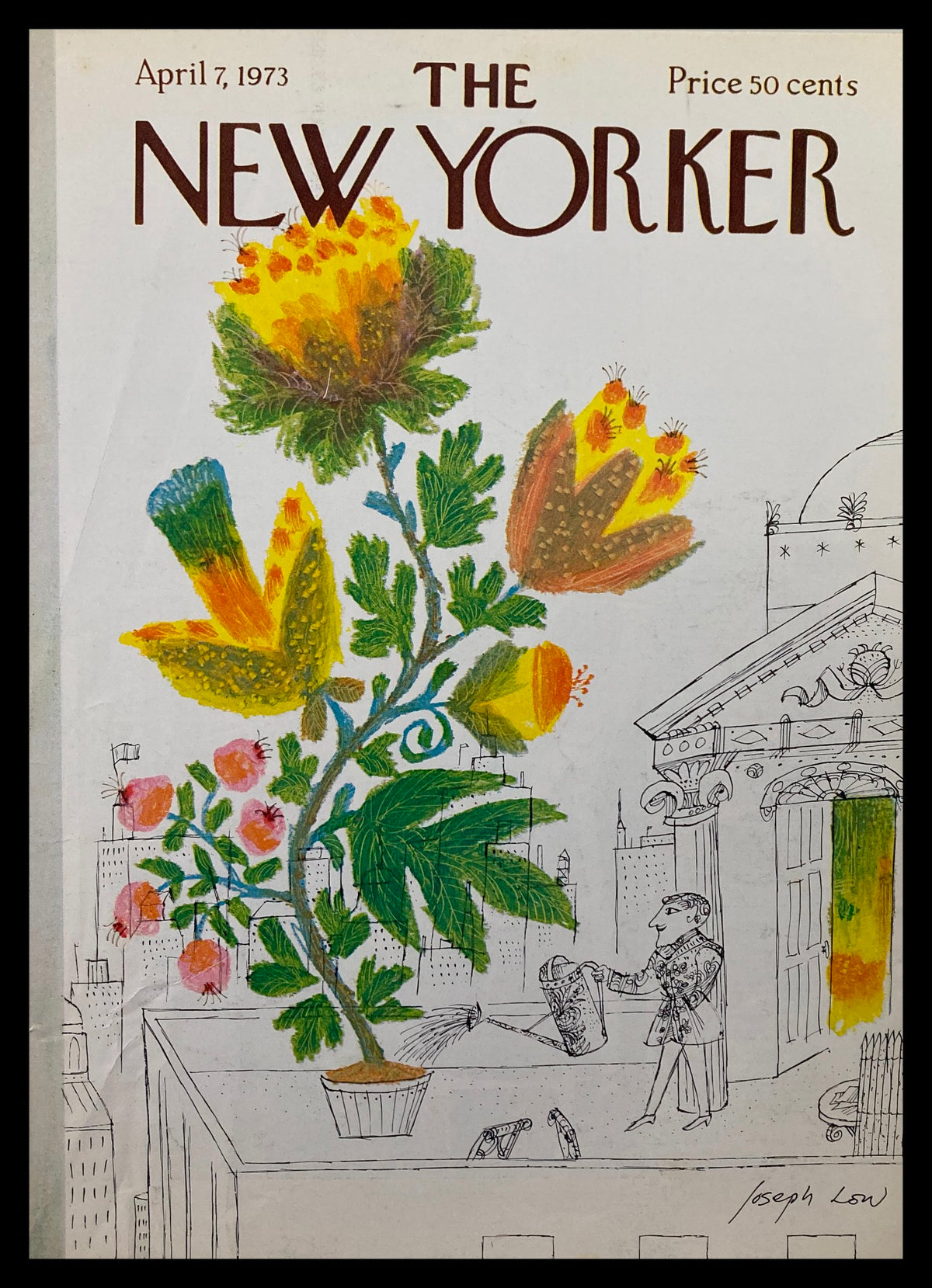 Cover of The New Yorker from April 7, 1973, illustrated by Joseph Low, featuring a whimsical plant growing amid a cityscape.