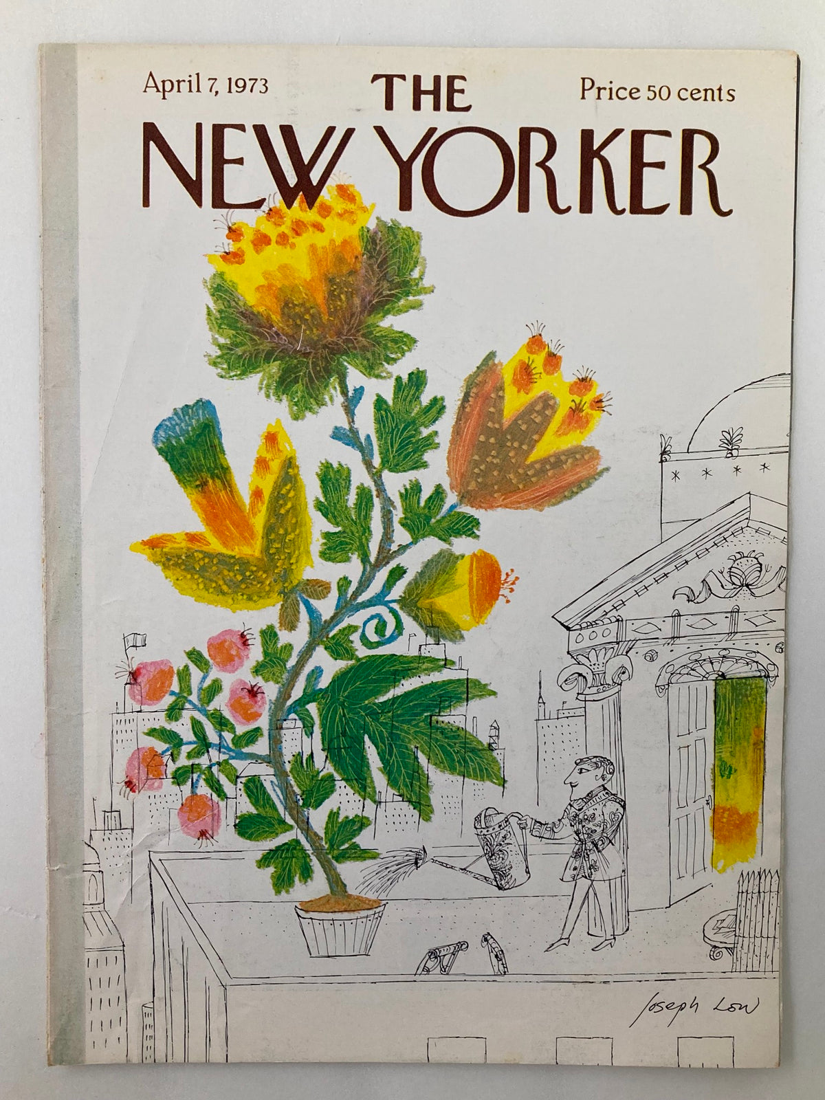 The New Yorker cover dated April 7, 1973, by Joseph Low, showcasing a vibrant plant on a rooftop with a cartoonish character watering it.
