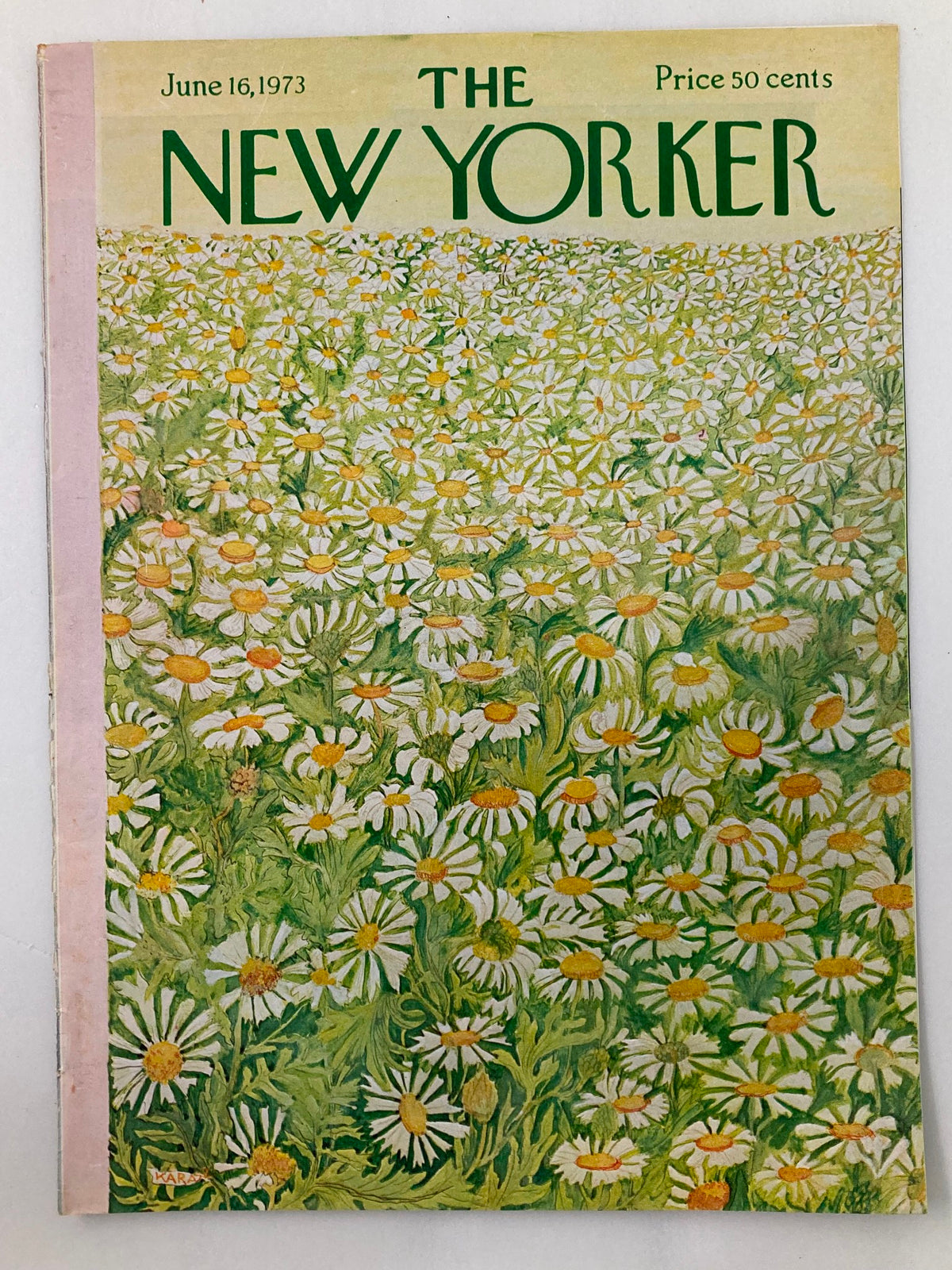 The New Yorker magazine cover dated June 16, 1973, depicting a colorful illustration of blooming daisy fields by Ilonka Karaz. The image highlights a field full of daisies with distinctive yellow centers, surrounded by rich green foliage, emphasizing the charm of summer flowers.