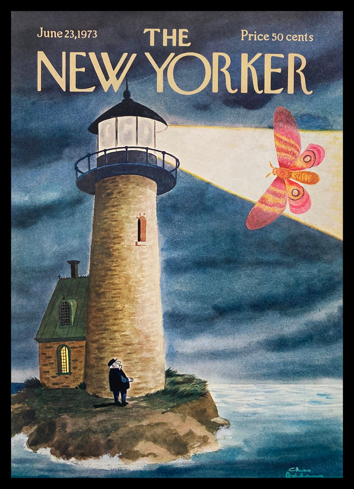 The New Yorker June 23, 1973 cover featuring a whimsical lighthouse illustrated by Chas Addams, showcasing a beam of light and a colorful butterfly.