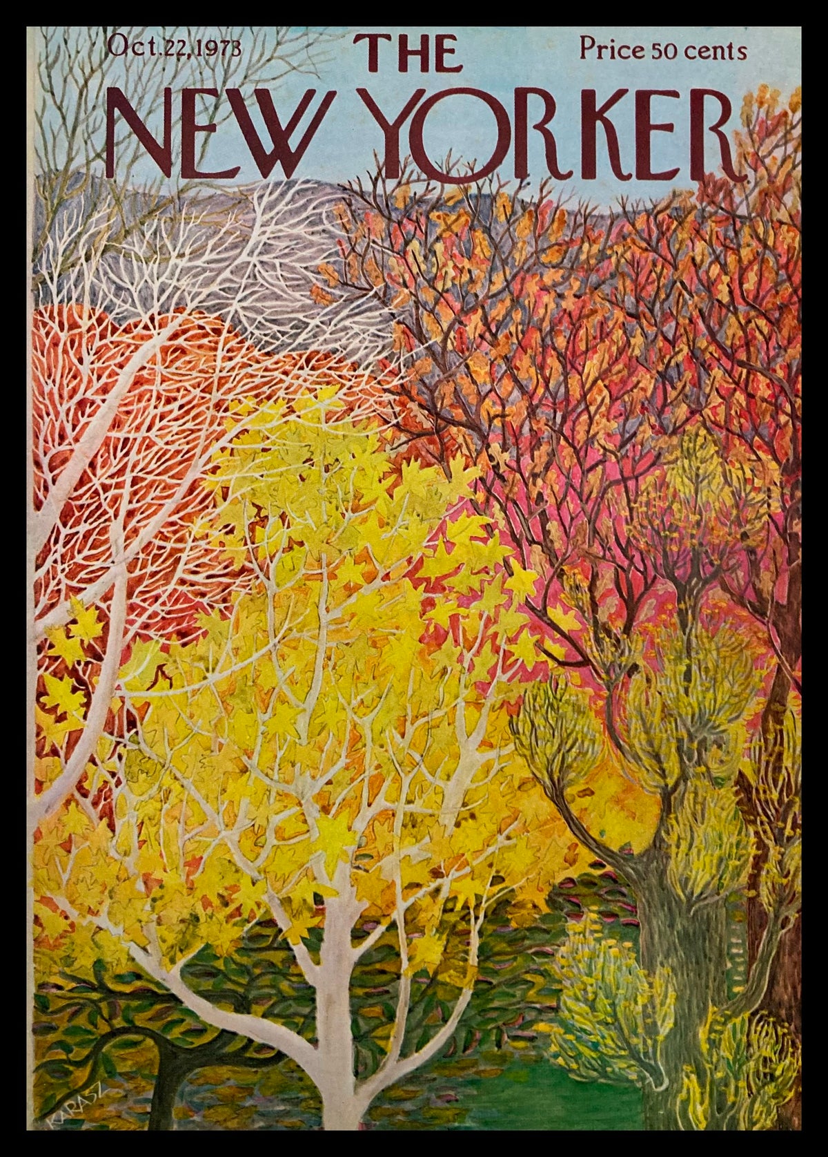 Cover art of The New Yorker, October 22, 1973, featuring an autumn scene with vibrant fall foliage by Ilonka Karasz, depicting colorful trees and nature's beauty.