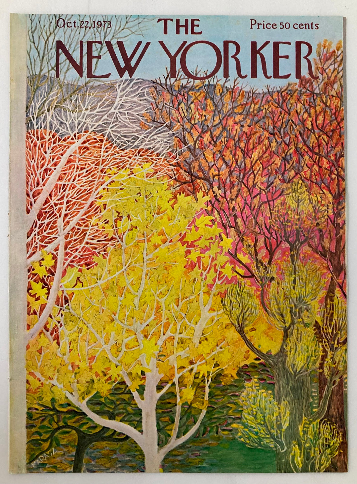 Cover art of The New Yorker, October 22, 1973, showcasing an autumn landscape with bright yellow and red trees, illustrated by Ilonka Karasz.