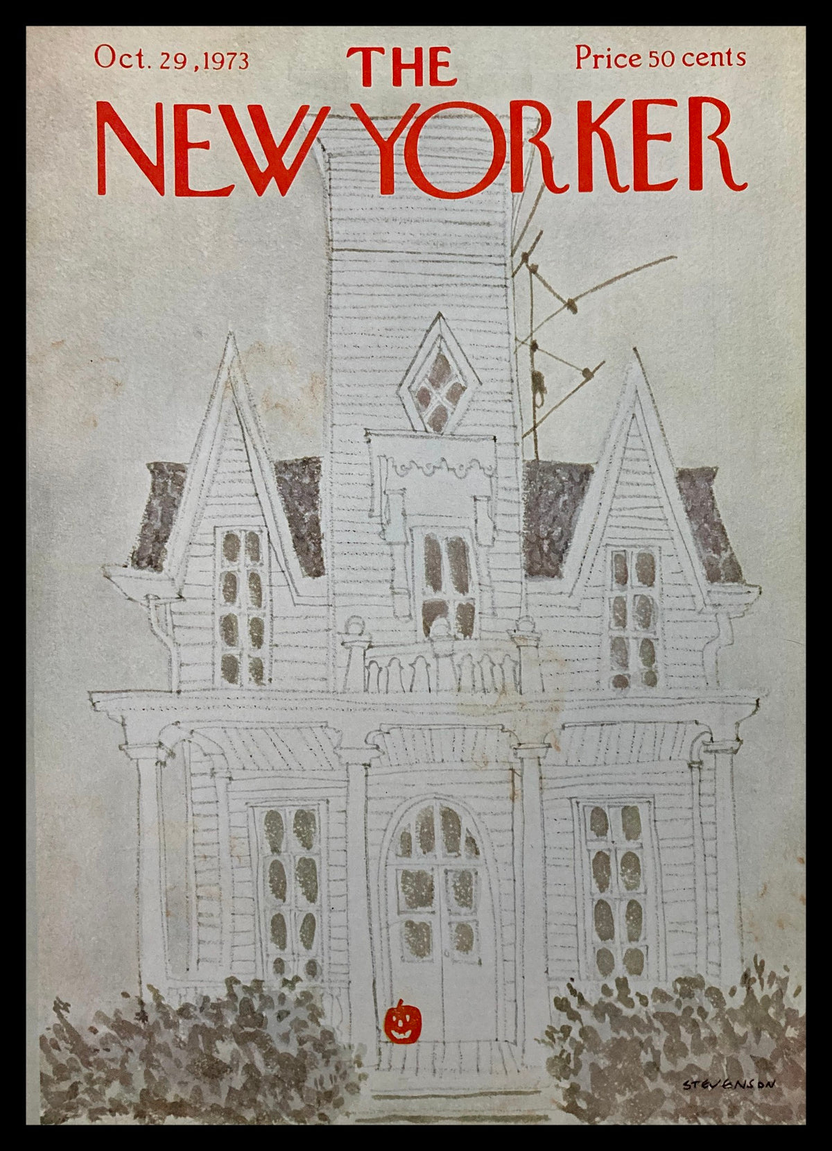 Cover of The New Yorker magazine from October 29, 1973 featuring a whimsical Pumpkin Head illustration by James Stevenson. The design showcases a vintage house with a small pumpkin on the porch, highlighting a blend of creativity and humor typical of The New Yorker. Ideal for art collectors and enthusiasts of vintage magazines.