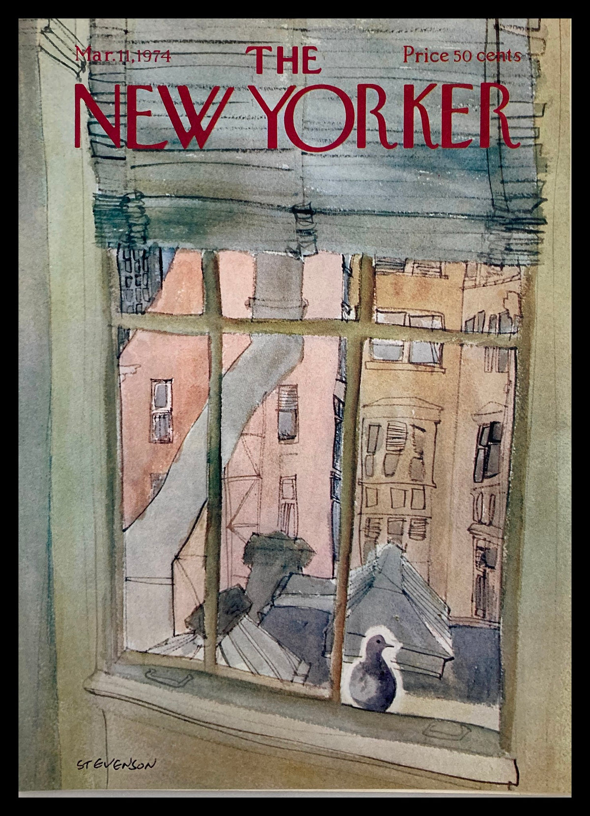 COVER ONLY The New Yorker March 11 1974, featuring the whimsical 'Window Bird' illustration by James Stevenson, showcasing a view from a window with a bird perched outside, perfect for art collectors and vintage magazine enthusiasts.
