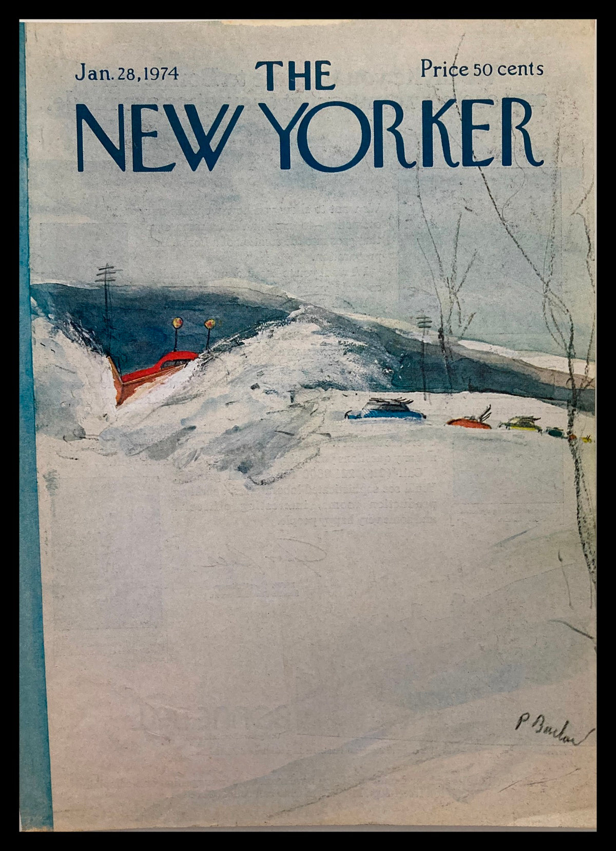 COVER ONLY The New Yorker January 28 1974 Snowing by Perry Barlow, featuring a wintery landscape with snow-covered cars and snow drifts, ideal for vintage magazine collectors.