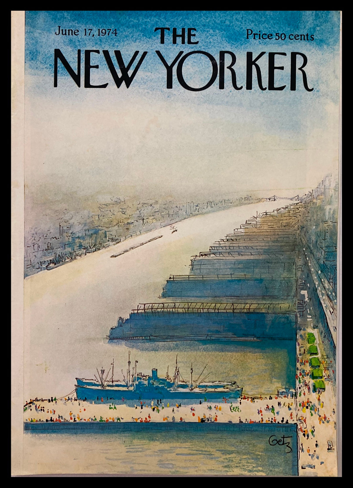 The New Yorker cover from June 17, 1974, featuring a watercolor illustration by Arthur Getz, depicting a busy waterfront scene with ships and people.