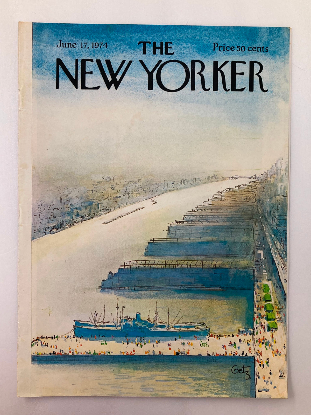 The New Yorker cover dated June 17, 1974, showcasing Arthur Getz's artwork of a lively harbor filled with boats and beachgoers.