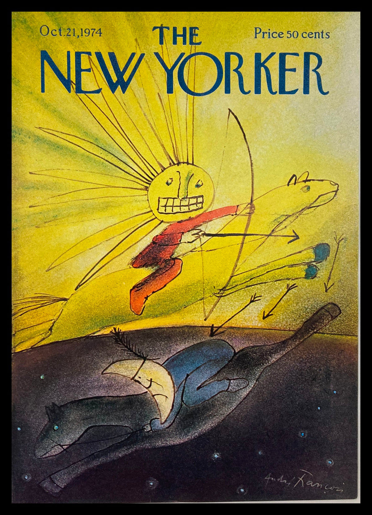 Cover of The New Yorker magazine from October 21, 1974, featuring vivid artwork titled 'Day & Night' by Andre Francois, depicting a sun and characters on horseback, perfect for collectors.