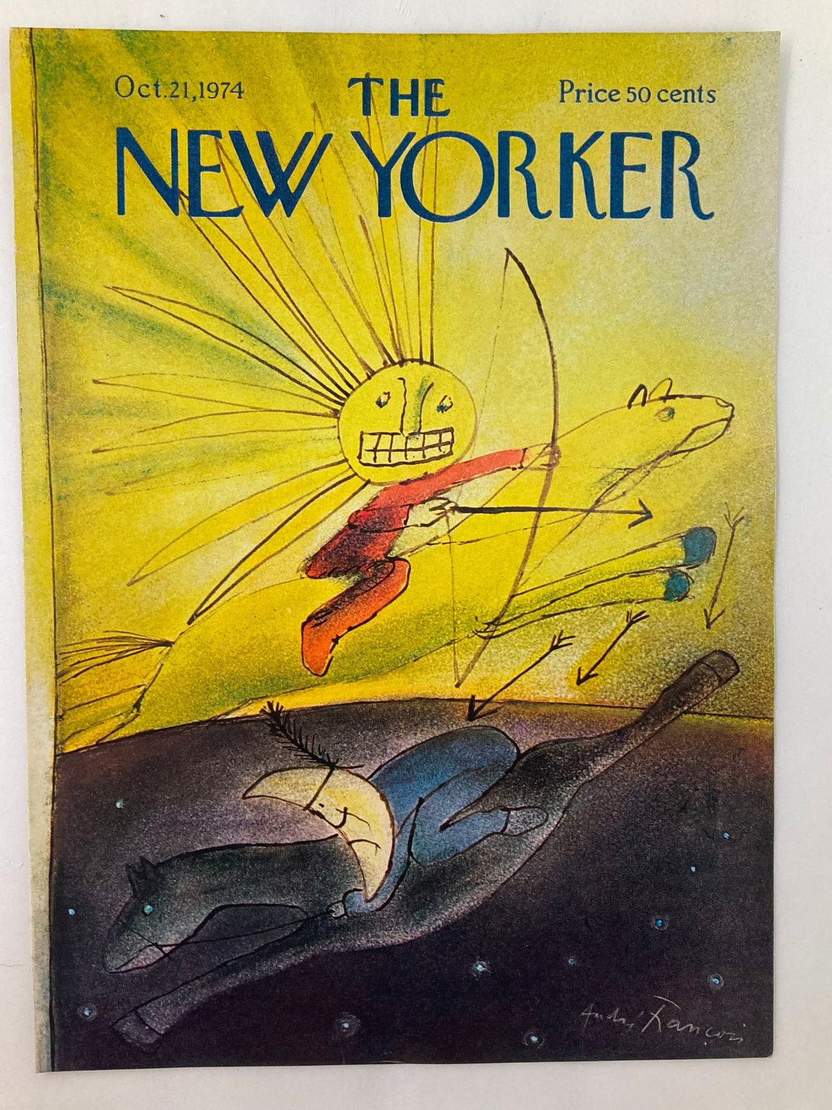 The New Yorker magazine cover dated October 21, 1974, showcasing vibrant illustration 'Day & Night' by Andre Francois, an exclusive art piece ideal for display or collection.
