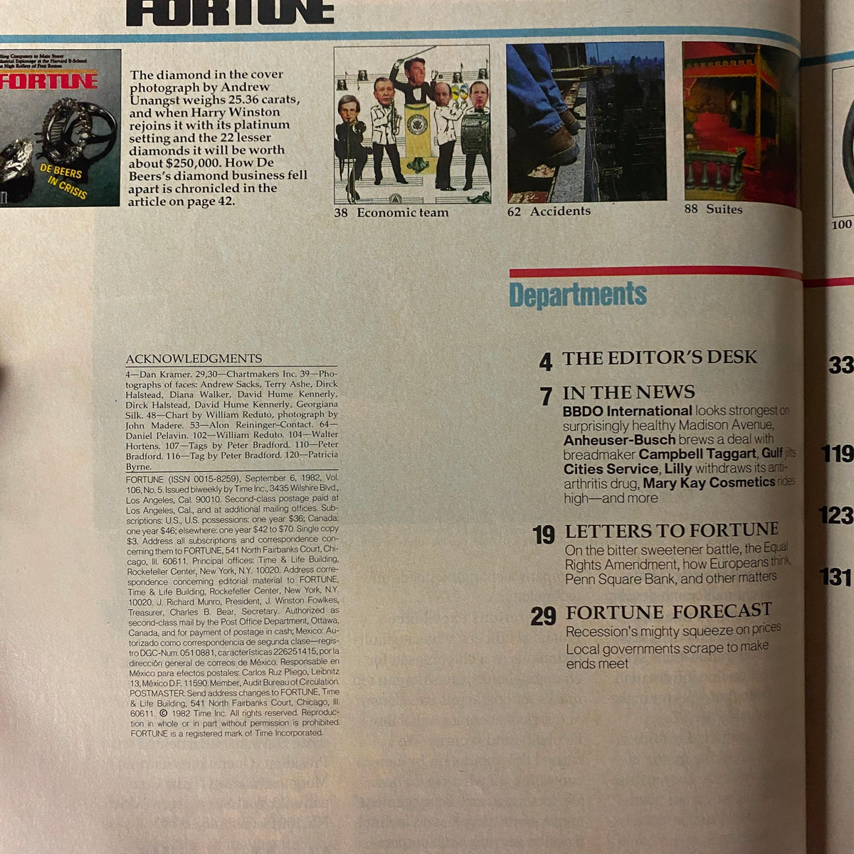 Interior page from Fortune Magazine September 6, 1982 detailing acknowledgments and highlights related to De Beers's diamond business.