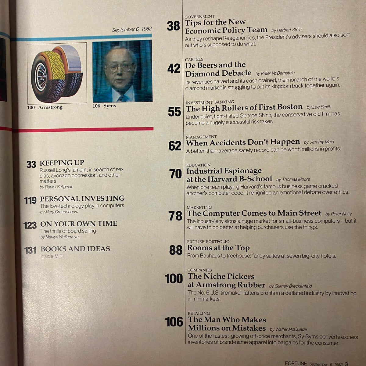 Additional interior page from Fortune Magazine September 6, 1982 with articles focusing on De Beers and economic policies.