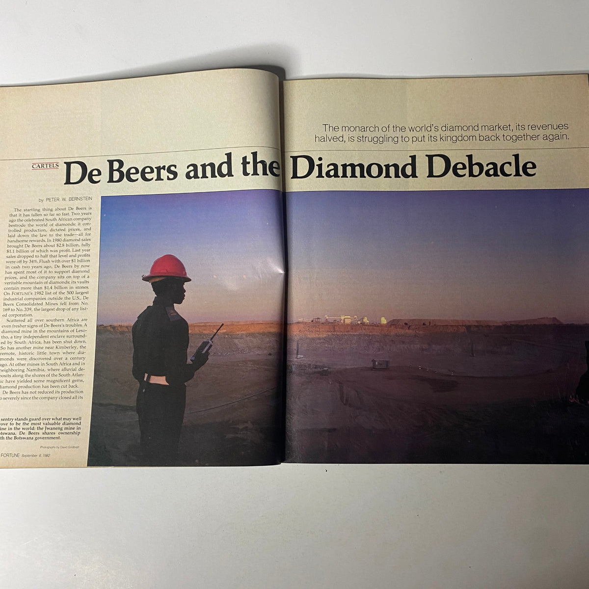 De Beers and the Diamond Debacle article spread from Fortune Magazine September 6, 1982, featuring insights into the diamond market's challenges and De Beers's corporate strategies.