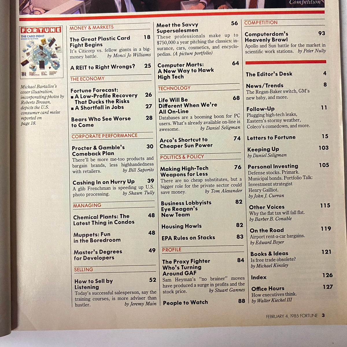 Table of contents from Fortune Magazine February 4, 1985, detailing featured articles including 'The Great Plastic Card Fight Begins' and 'Procter & Gamble's Comeback Plan'.