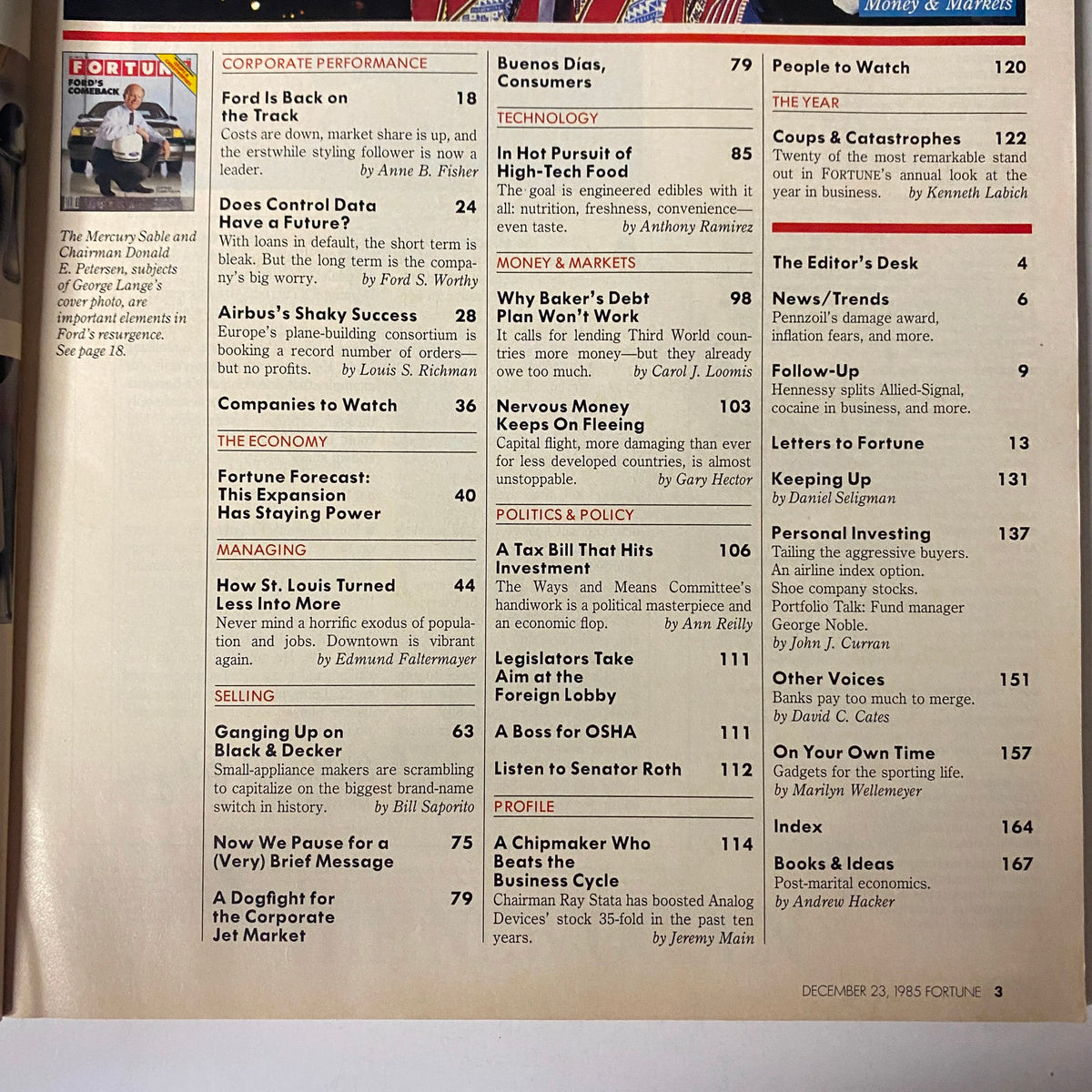 Table of contents from Fortune Magazine, December 23, 1985, highlighting articles on corporate performance and market trends.