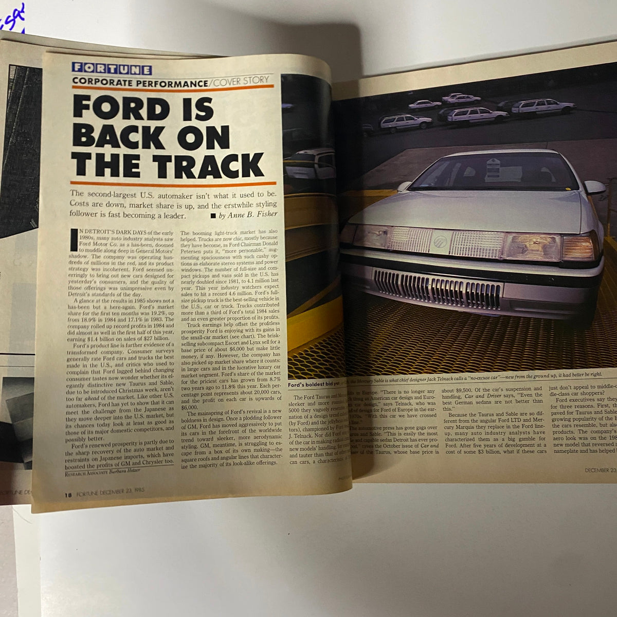 Article spread from Fortune Magazine, December 23, 1985, focusing on the cover story titled 'Ford is Back on the Track'.