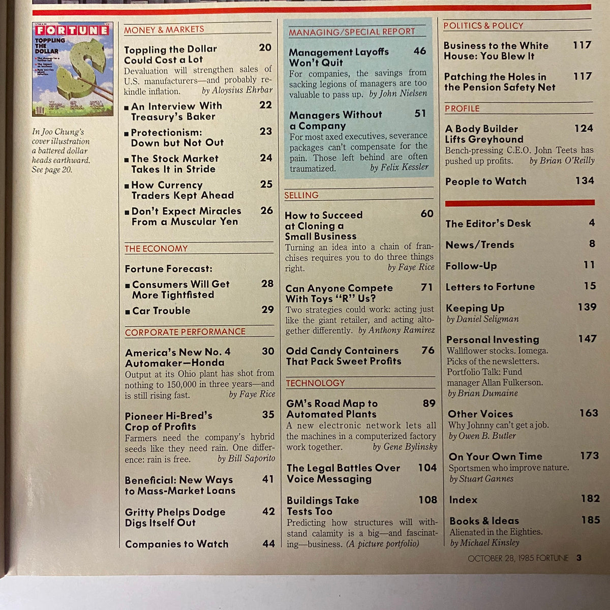 Table of contents from Fortune Magazine October 28, 1985, highlighting articles including 'Toppling the Dollar Could Cost a Lot' and various topics on economics and business.