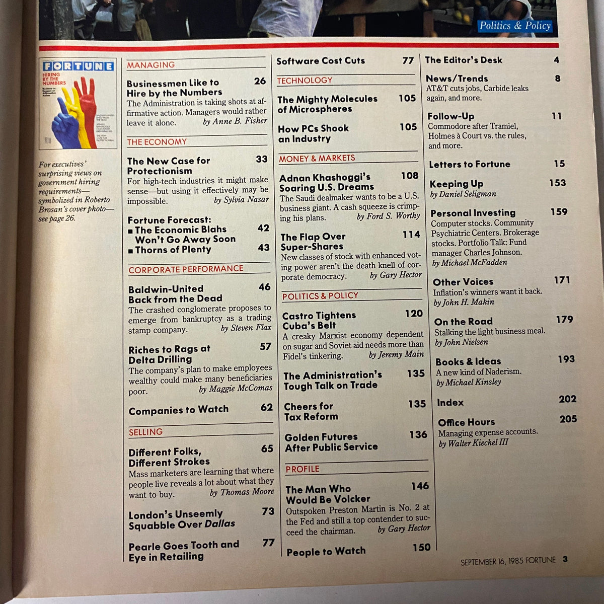 Table of contents from Fortune Magazine September 16, 1985, featuring articles about corporate hiring practices and economic trends. Highlights sections like 'Managing', 'The Economy', and 'Corporate Performance', emphasizing insights on hiring by the numbers.