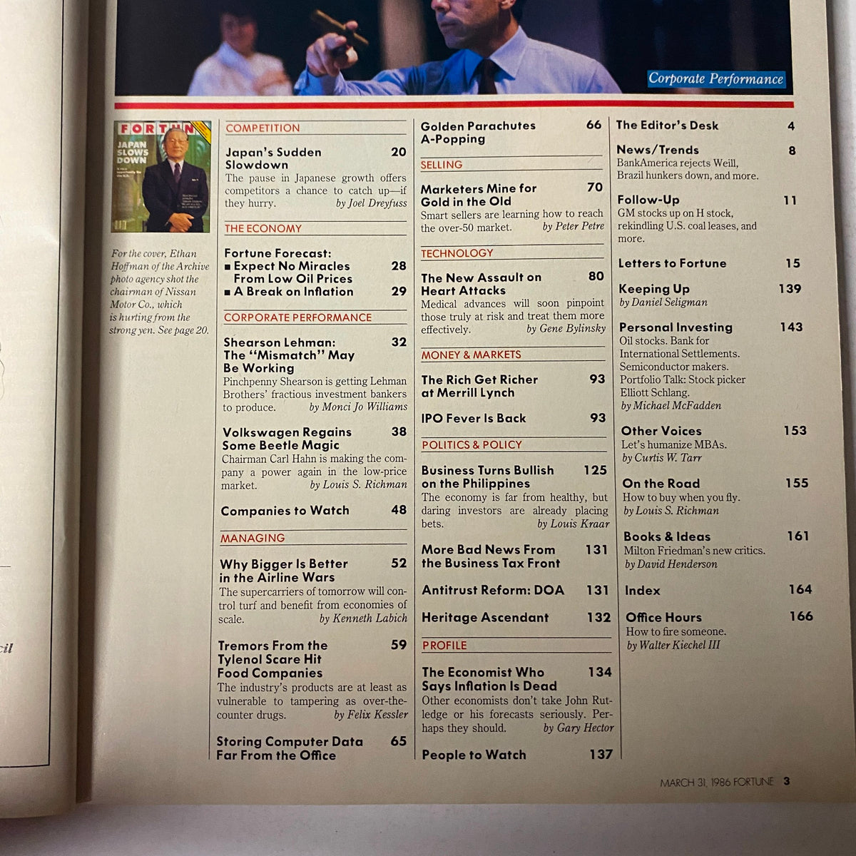 Interior page of Fortune Magazine dated March 31, 1986, showcasing the table of contents with the cover story 'Japan's Sudden Slowdown' listed.