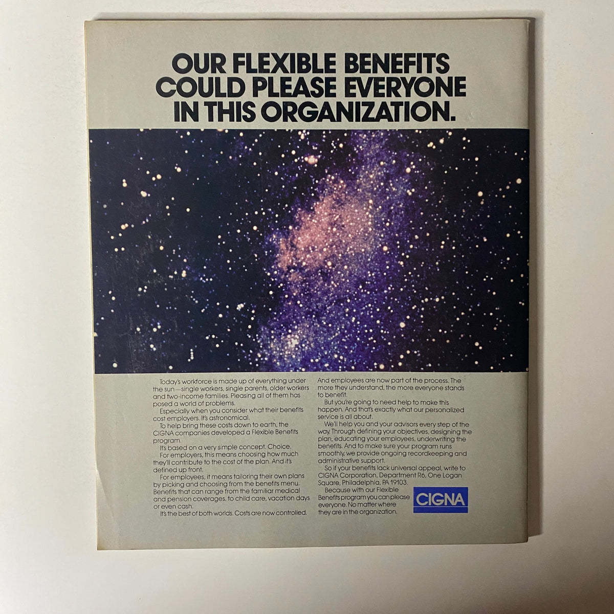 Back cover of Fortune Magazine from March 31, 1986, featuring an advertisement for CIGNA's flexible benefits program.