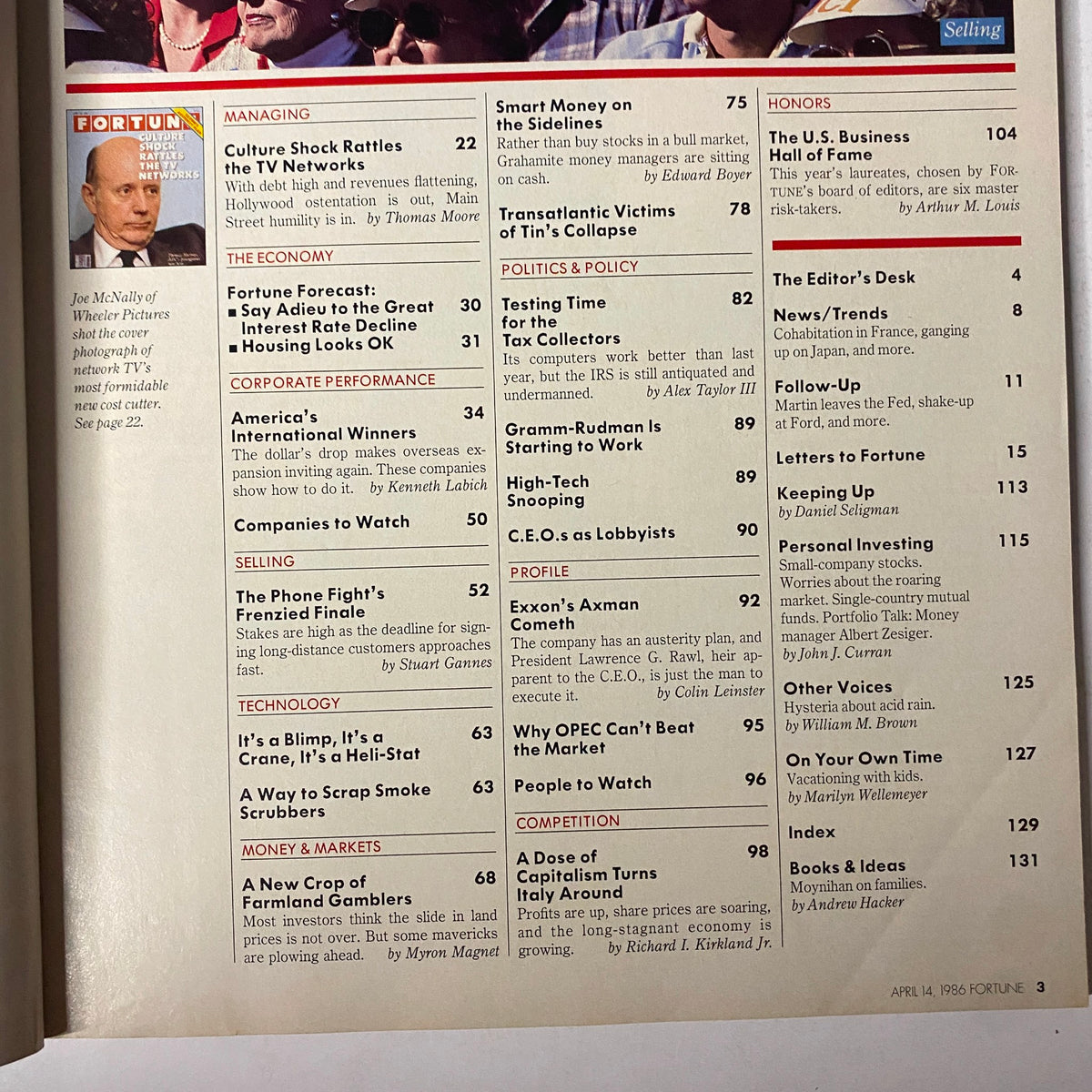 Fortune Magazine April 14, 1986, Table of Contents featuring articles on economic forecasts and corporate performance.