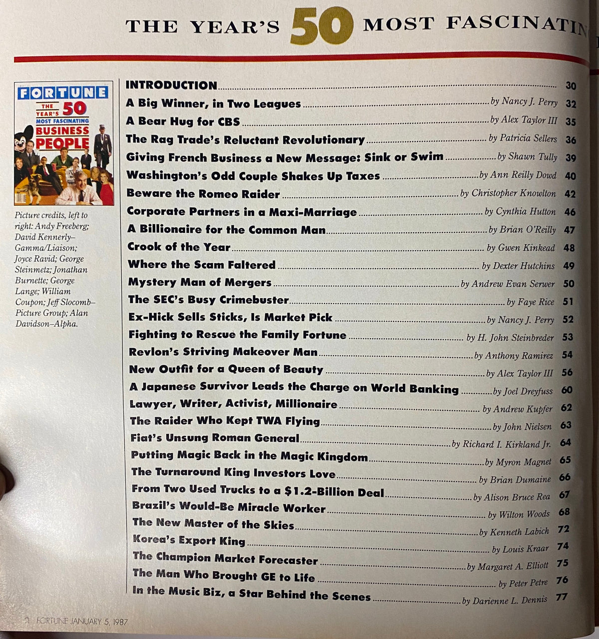 Contents page from Fortune Magazine January 5, 1987 listing the articles and features including 'A Big Winner, in Two Leagues' and 'A Bear Hug for CBS'.