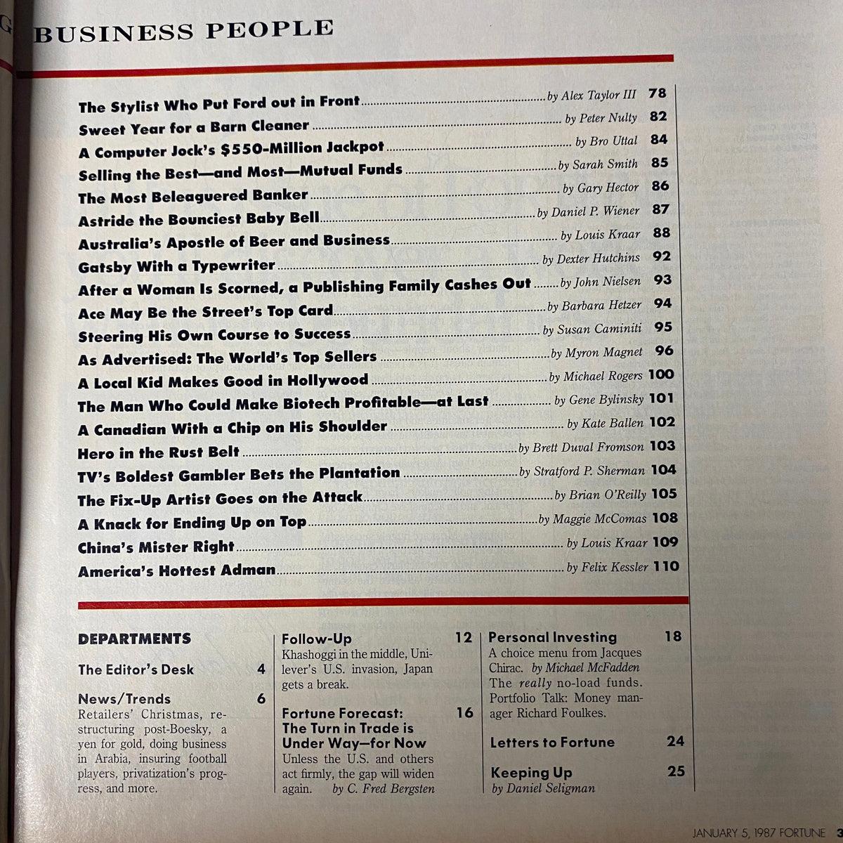 Contents page from Fortune Magazine January 5, 1987 detailing profiles of various business figures, including law, finance, and corporate leadership.