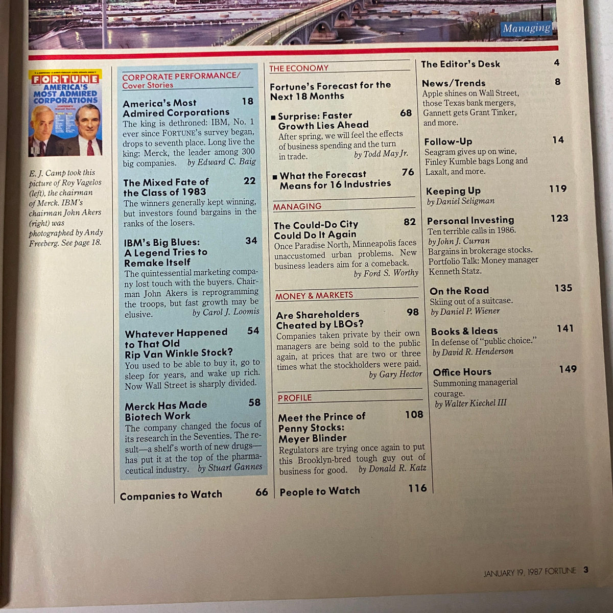 Table of contents page from Fortune Magazine, January 19, 1987. Lists articles and features related to corporate performance and business discussions, including a focus on America's Most Admired Corporations.