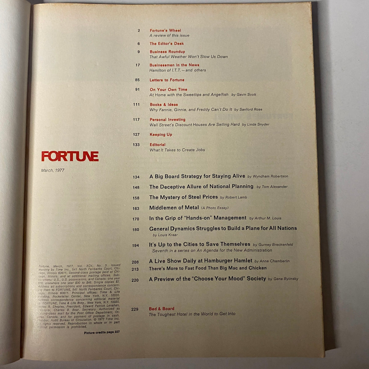 Interior page of Fortune Magazine March 1977 displaying the table of contents, listing featured articles such as 'A Big Board Strategy for Staying Alive' and 'The Mystery of Steel Prices', reflecting on economic challenges of the time.