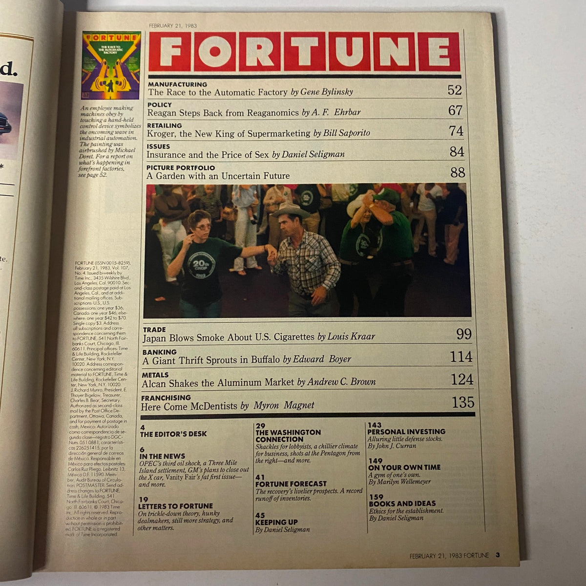 Cover of Fortune Magazine from February 21, 1983, featuring the title 'The Race to the Automatic Factory,' highlighting articles on manufacturing, policy, and retailing.