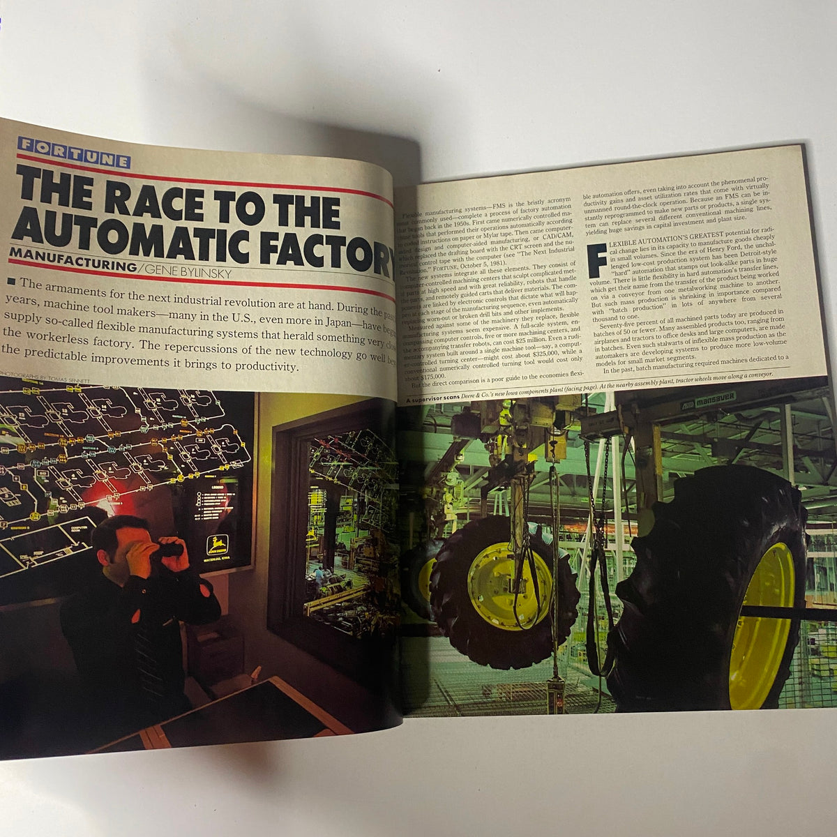 Inside spread of Fortune Magazine, February 21, 1983, showcasing the article 'The Race to the Automatic Factory' by Gene Bylinsky, along with industrial automation imagery.