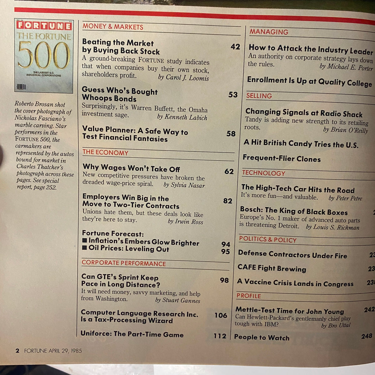 Interior page of Fortune Magazine from April 29, 1985, displaying article titles including 'Beating the Market by Buying Back Stock' and 'Why Wages Won’t Take Off'.