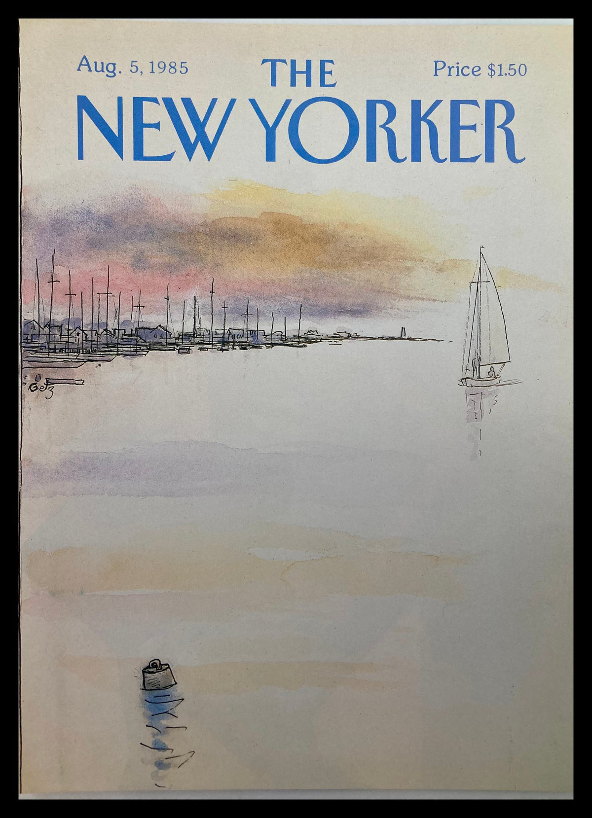 Cover only of The New Yorker magazine, August 5, 1985, featuring a watercolor illustration by Arthur Getz depicting a buoy floating in a calm water scene with sailboats and a serene sky backdrop.